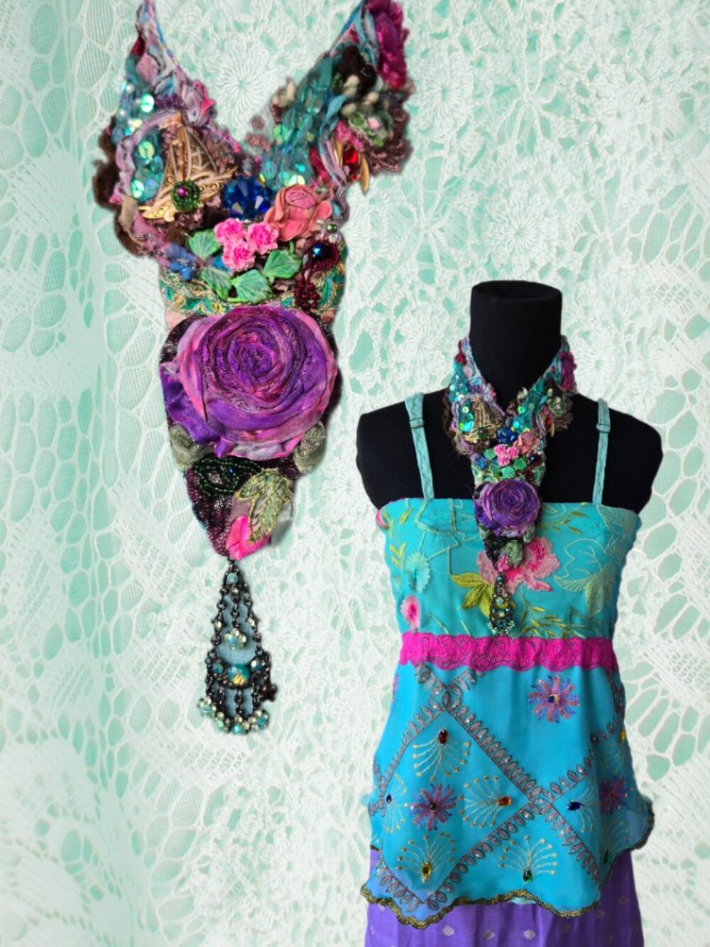 Handmade Embroidered V-neckline Bejeweled Rose Collar Necklace Mermaidcore